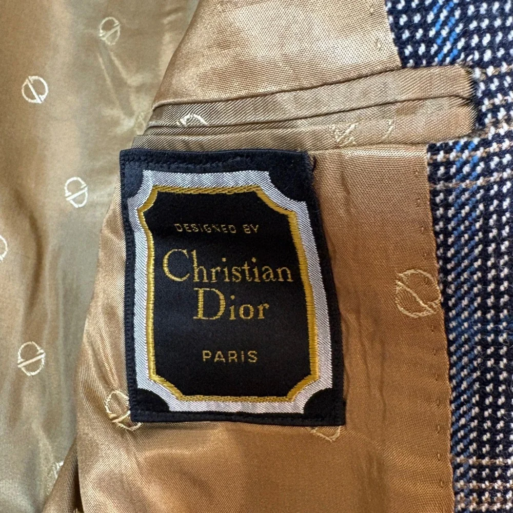 Vtg 70s Christian Dior Blazer Men 46 Blue Plaid Wool Sport Coat Heritage Preppy